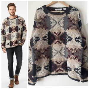 Geoffrey Beene 90s Vintage Hand Knit Wool Blend Sweater Oversized Cabin Lodge L